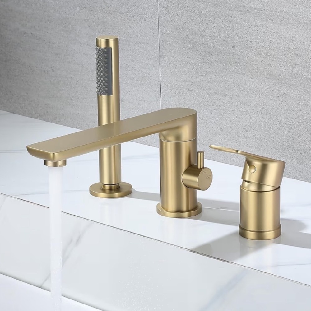 Roman Waterfall Faucet Deck Mount With Handheld Sprayer 3 Holes Brass Finish